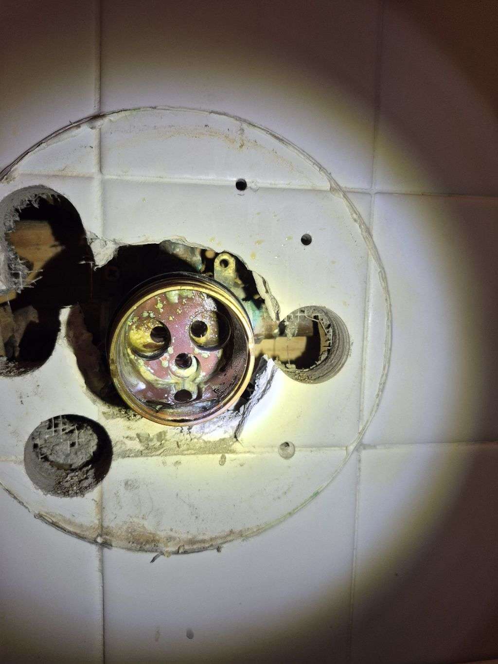 Exposed shower valve body during the Carlsbad cartridge repair, with the trim removed.